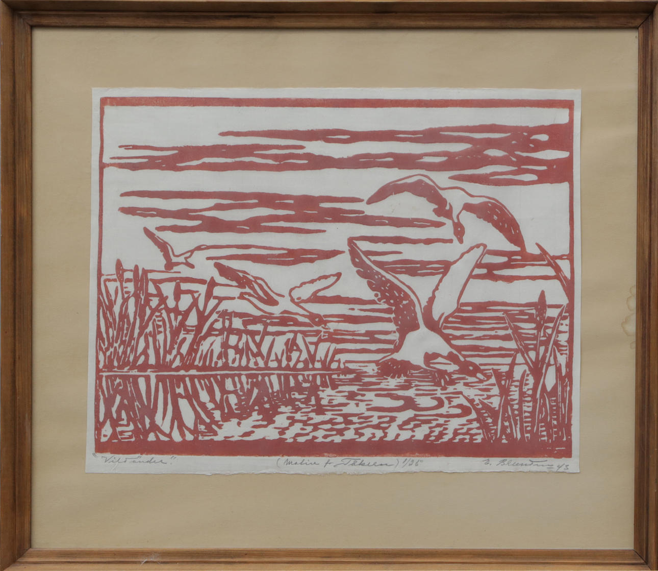 OIDENTIFIERAD KONSTNÄR. TRÄSNITT, Vildänder, signerat, 1943.