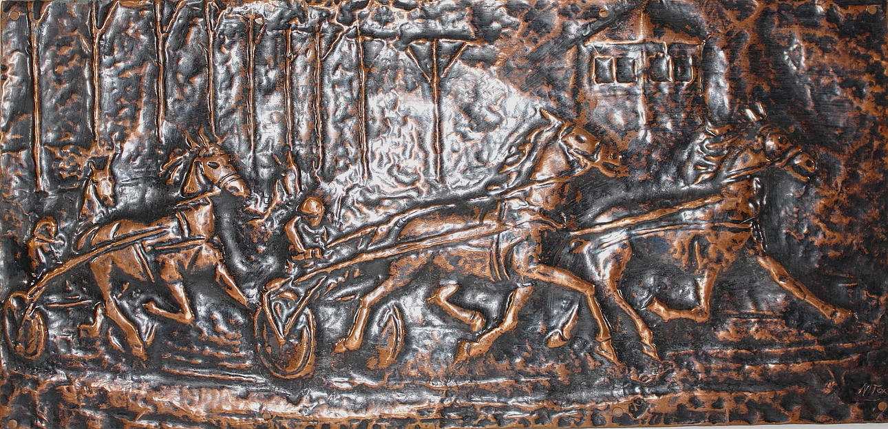 OIDENTIFIERAD KONSTNÄR. koppar, travhästar, signerad.