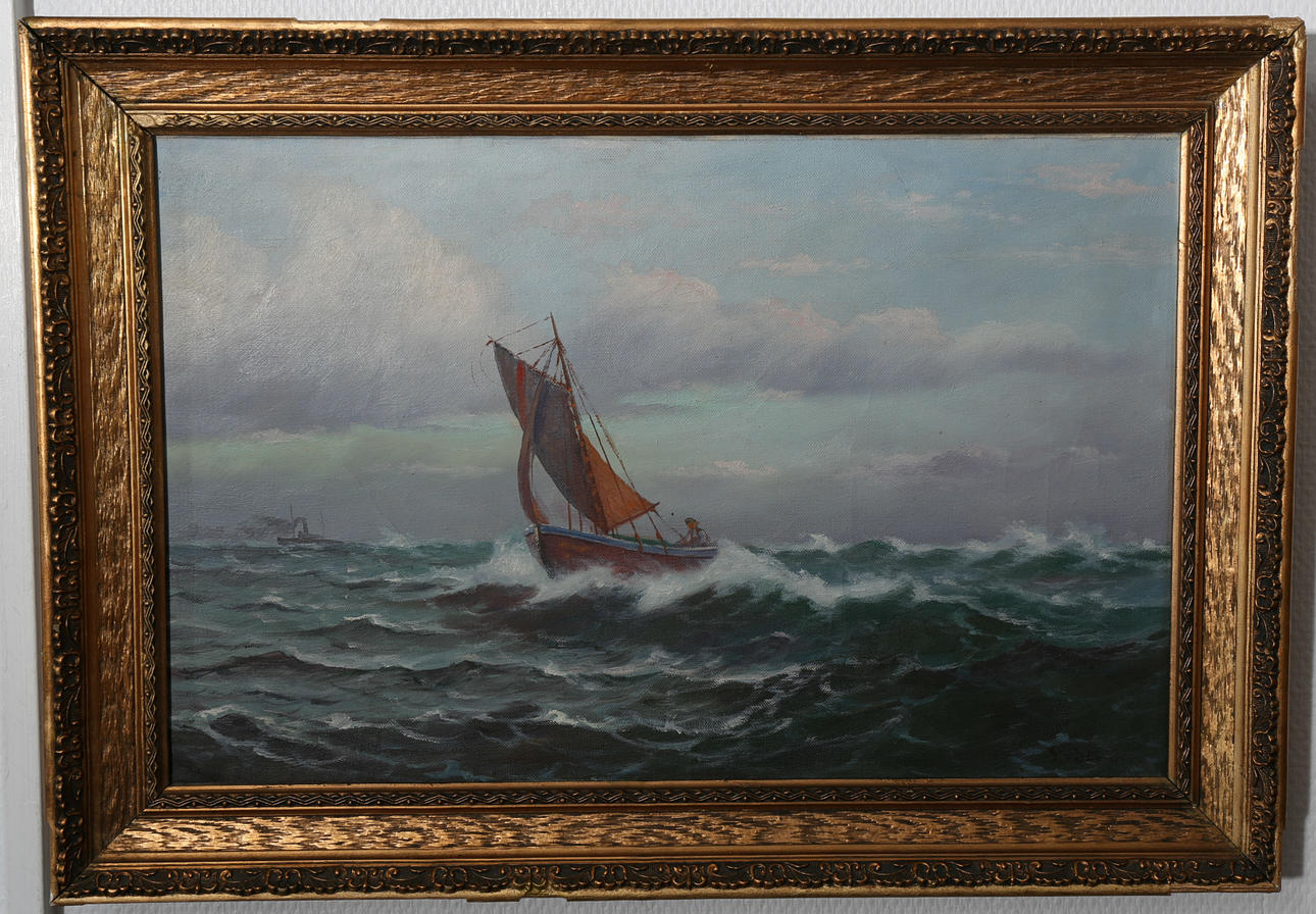 OIDENTIFIERAD KONSTNÄR: Olja på duk, Segelbåt till havs, signerad Ström.