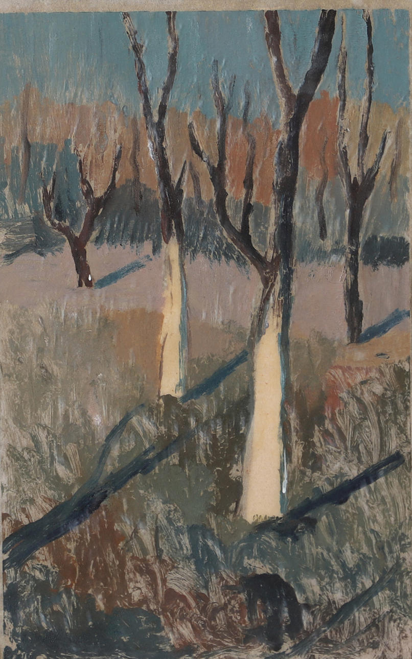 OIDENTIFIERAD KONSTNÄR. Landschaft mit Bäumen, gemischte Technik, versteckte Signatur.