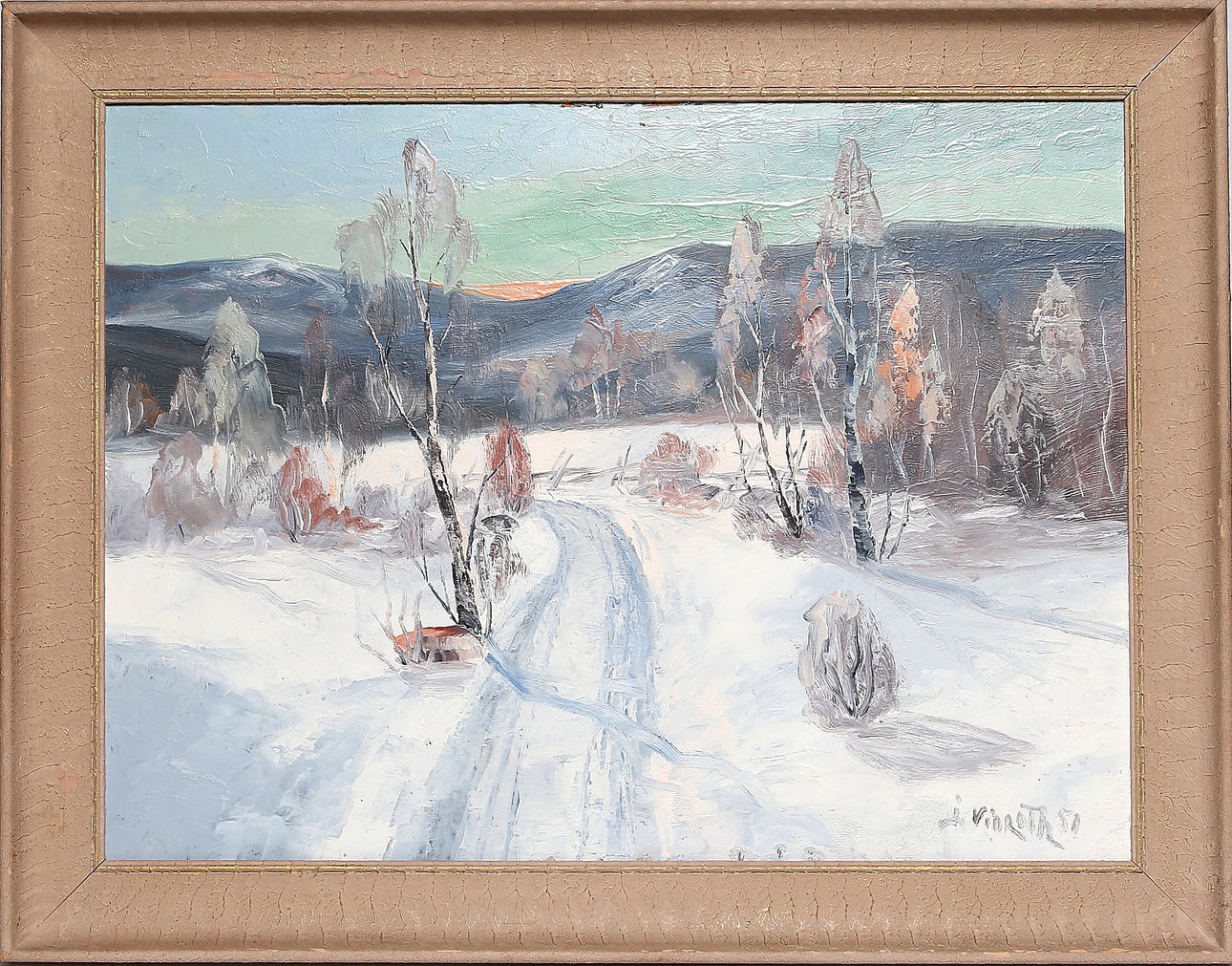 J.F. WINROTH. Vinterlandskap, olja på pannå, signerad samt daterad -51.