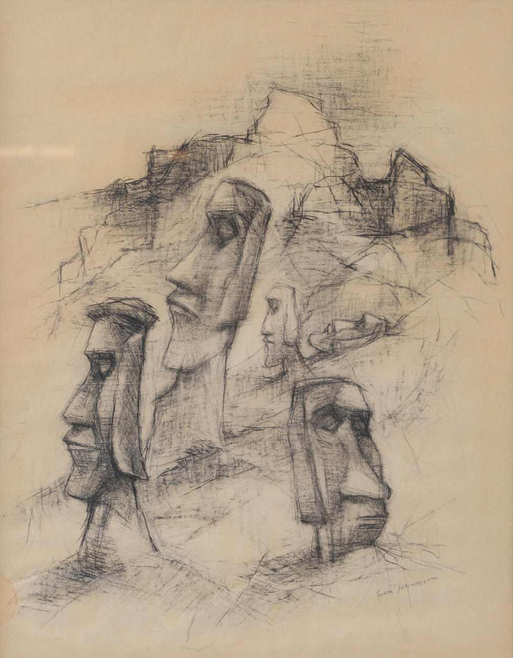 FOLKE JOHANSSON. “From Easter Island”, charcoal drawing, signed.