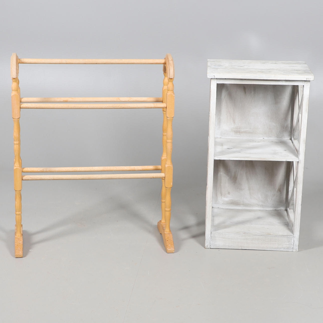 A PINE TOWEL RAIL, AND A KITCHEN CUPBOARD.