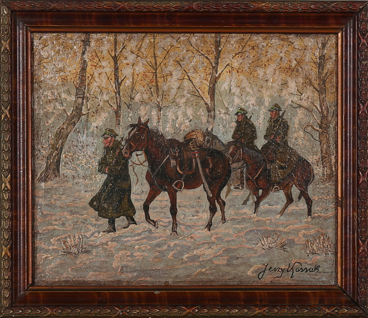 OIDENTIFIERAD KONSTNÄR. Polska kavallerister, blandteknink, signerad Jerzy Kossak.