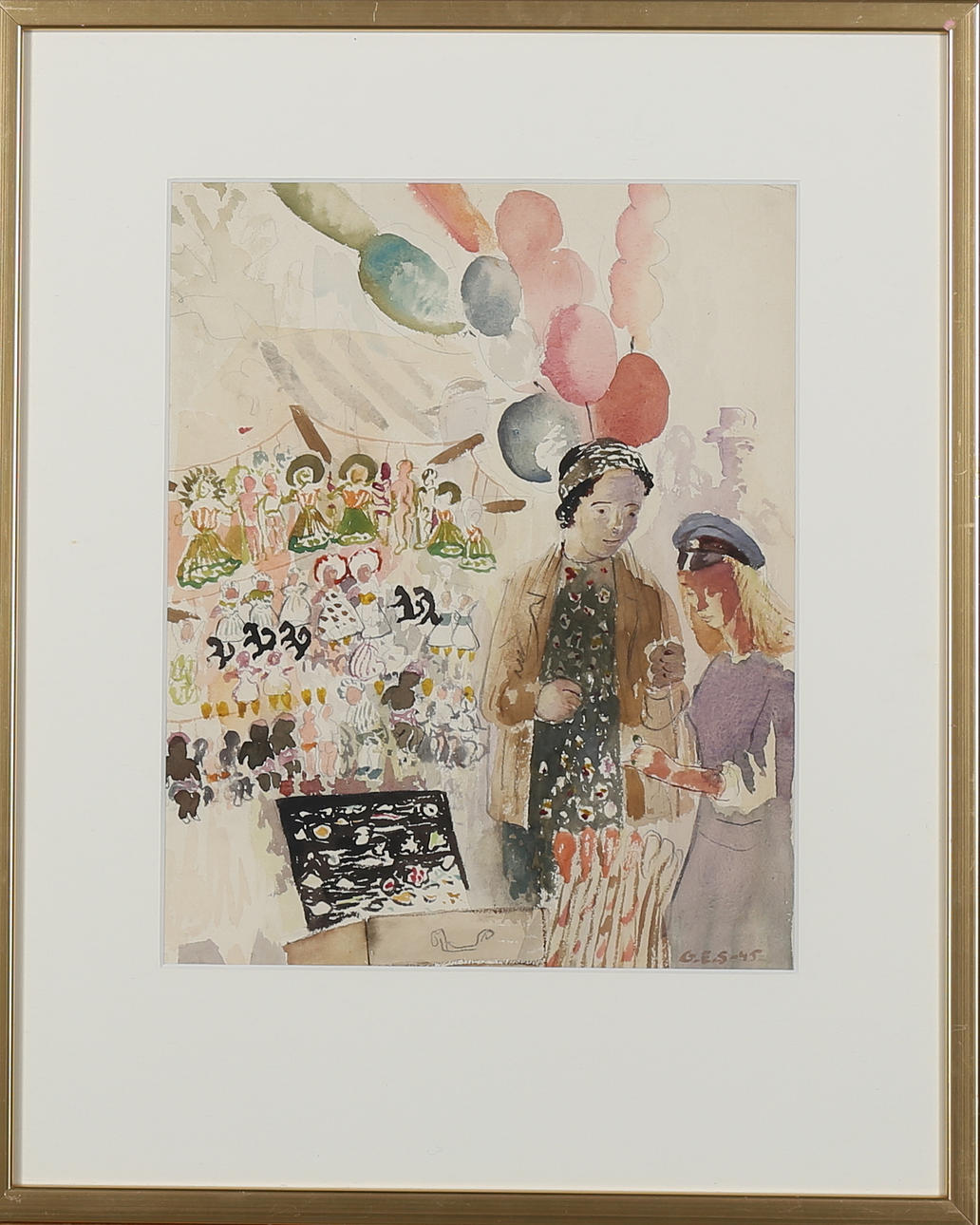 GUNNAR ERIK STRÖM. Akvarell, figurkomposition med studentfirande. Monogramsignerad och daterad -45.