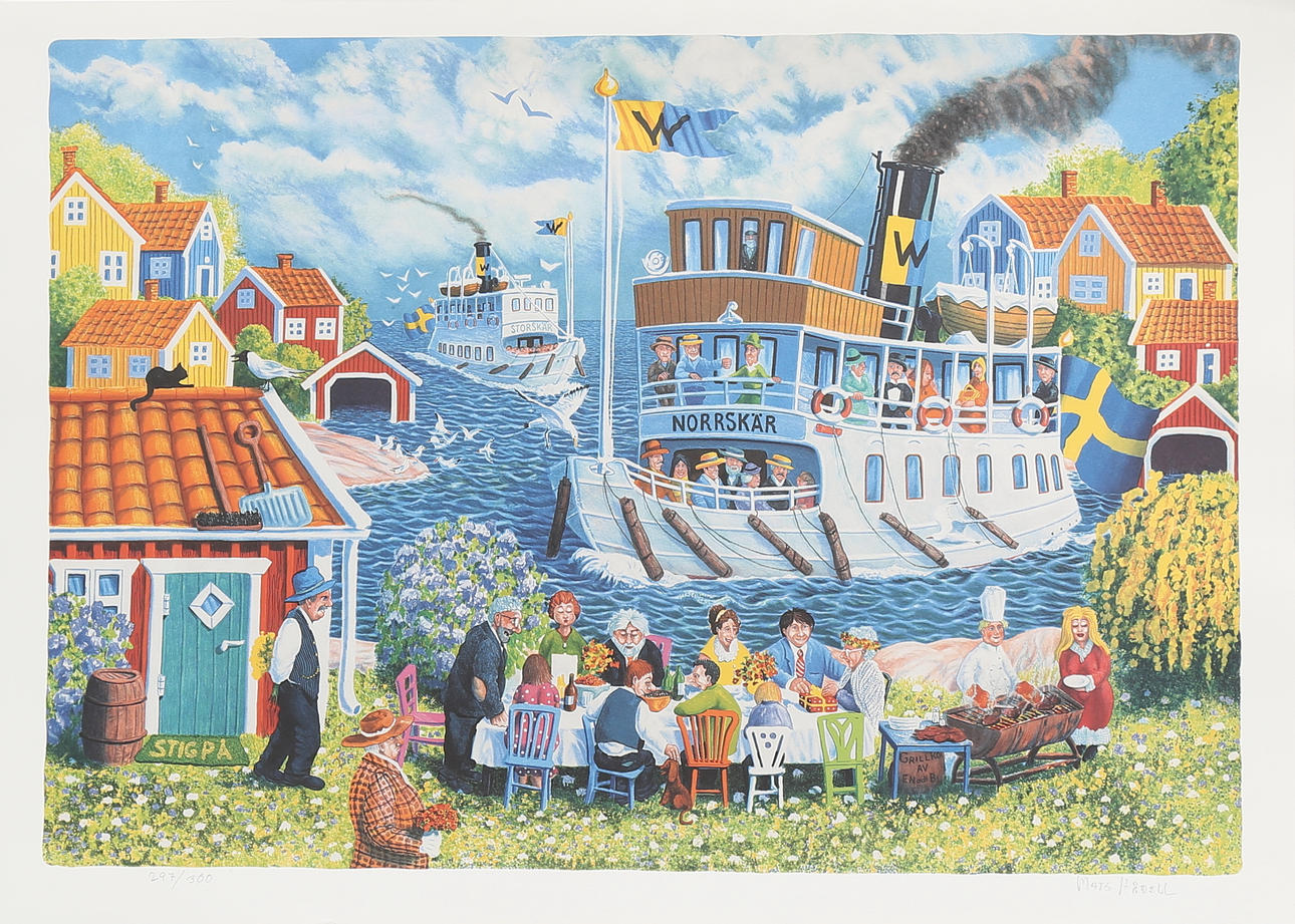MATS HÅRDELL. Fest i skärgården, färgserigrafi nr 297/300, signerad.