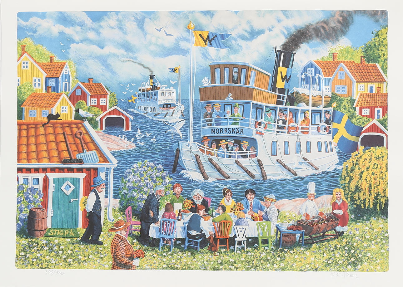 MATS HÅRDELL. Fest i skärgården, färgserigrafi 300/300, signerad.