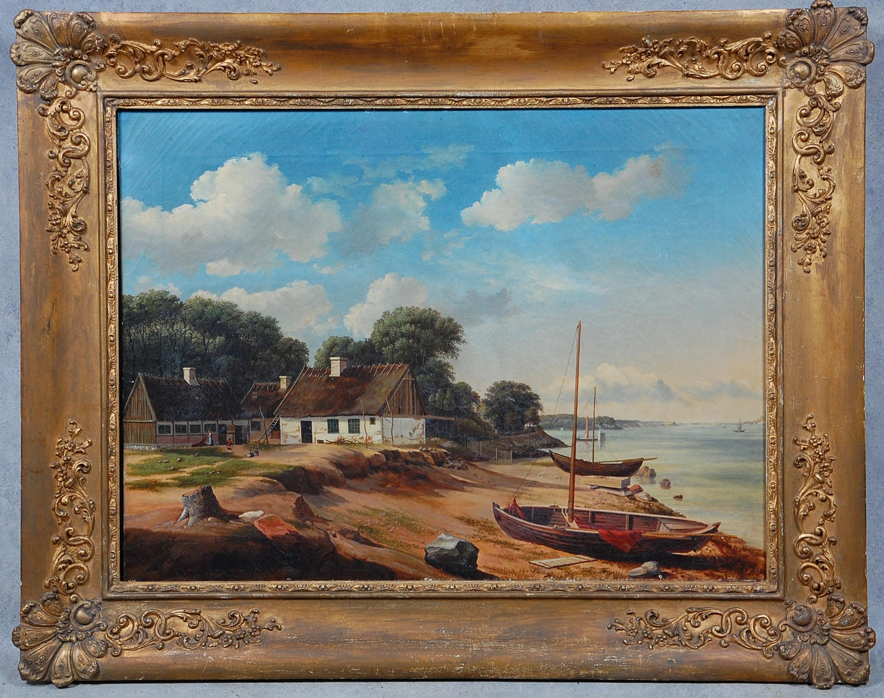 OIDENTIFIERAD KONSTNÄR. olja på duk landskap vid vatten.