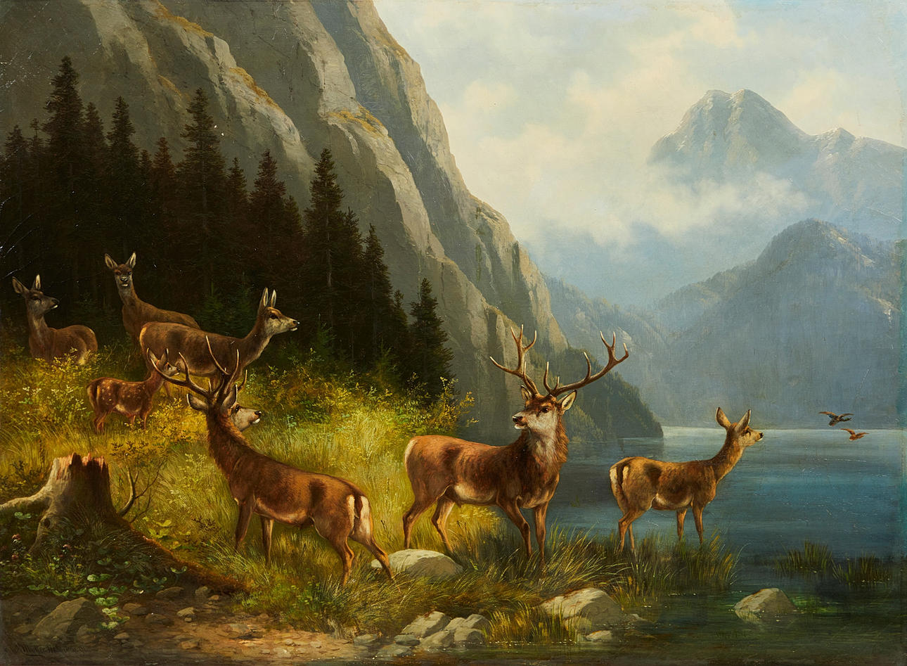 MORITZ MÜLLER (1841-1899). Hirsch-Herde am Bergsee bei München.