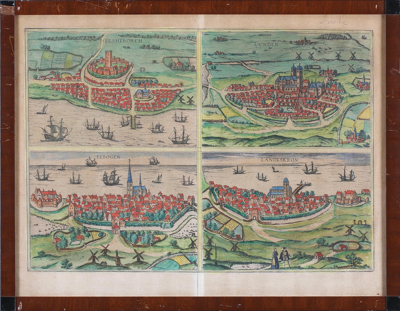 OIDENTIFIERAD KONSTNÄR. Kopparstick, handkolorerat, "Helsingborch, Lunden, Elbogen, Landeskron", 1800-tal.