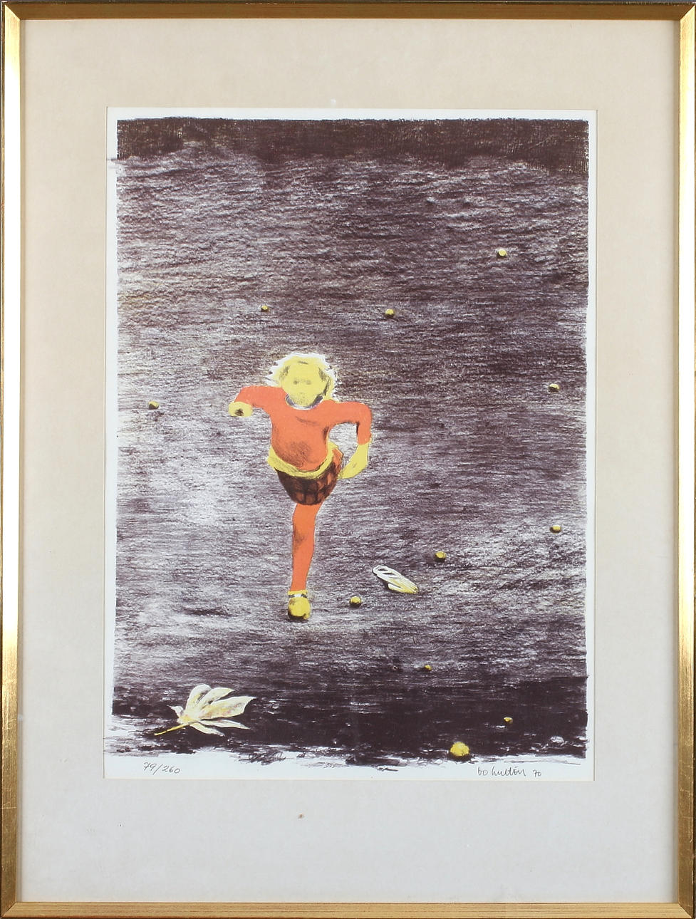 BO HULTÉN. Springande flicka, färglitografi. Signerad, numrerad 79/260, och daterad 70.