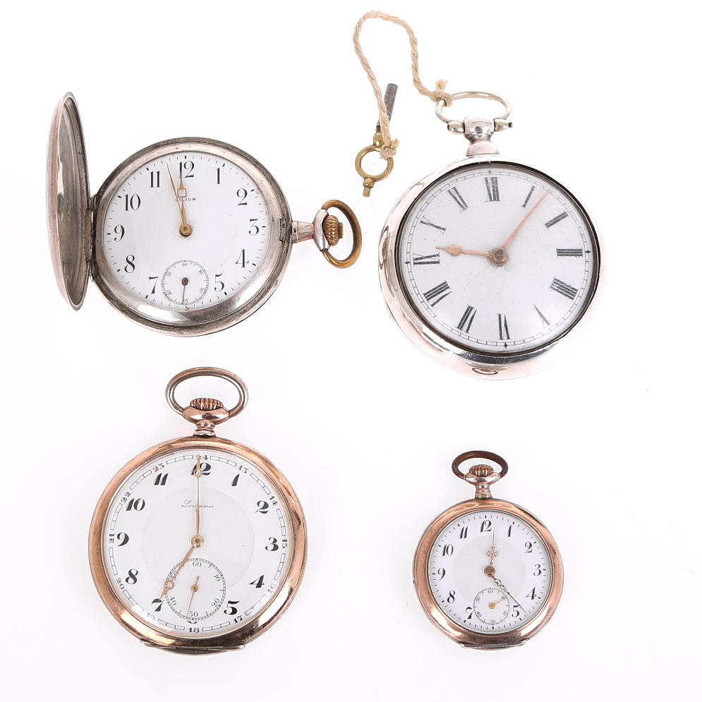 FICKUR 4 st, spindelur silver England, Longines, savonette silver,m fl.