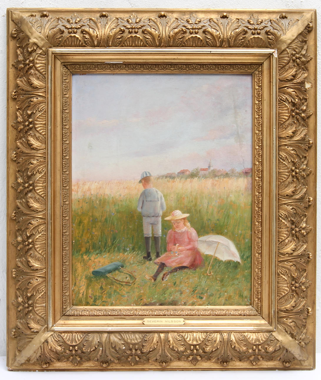 SEVERIN NILSSON. TILLSKRIVEN. Barn på äng. Olja på pappanå.