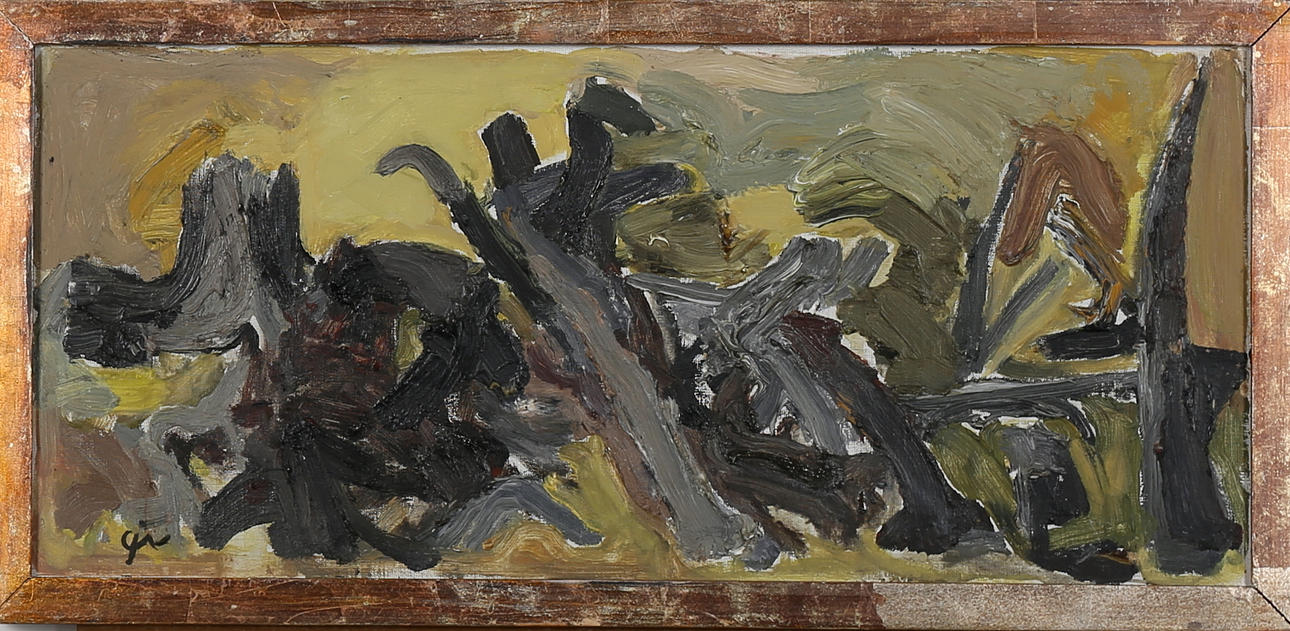 CALLE JOHANSSON. Svarta stubbar, olja på pappannå, monogramsignerad.