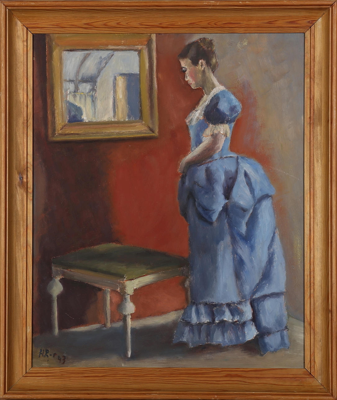 OIDENTIFIERAD KONSTNÄR. Kvinna i interiör, olja på pannå, signerad och daterad H.R-c -43.