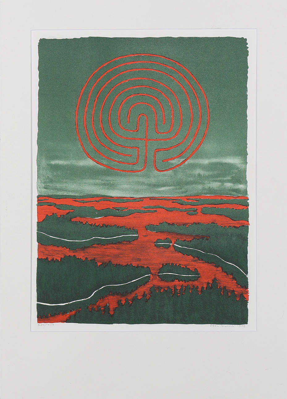 STEN DUNÉR. Komposition i grönt med rött, färglitografi, signerad och daterad 1992 samt numrerad 285/350.