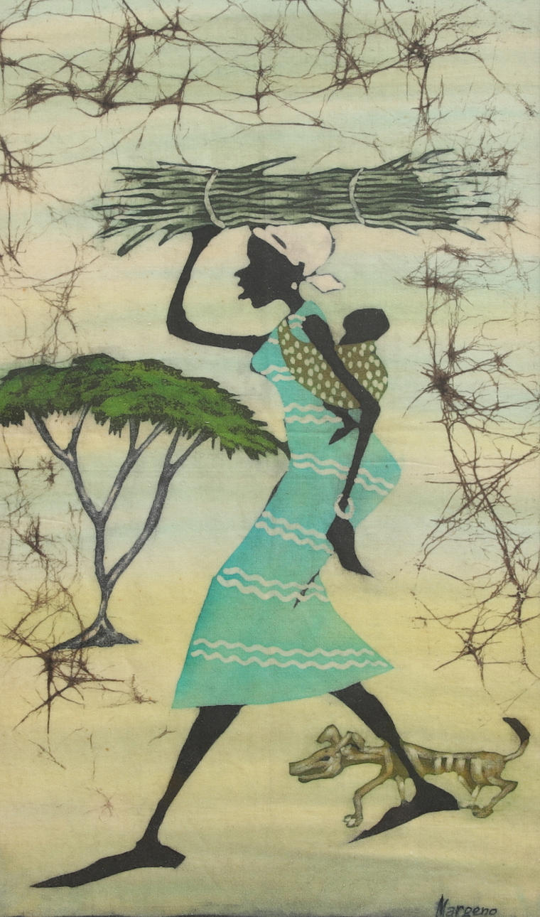 BATIK PRINT, textile, African motif, signed, Margeno.