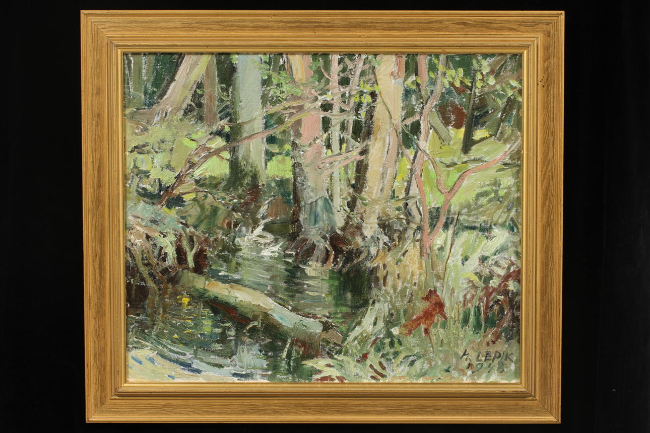 HUGO LEPIK. "Smygande räv", olja på duk, signerad och daterad 1948.