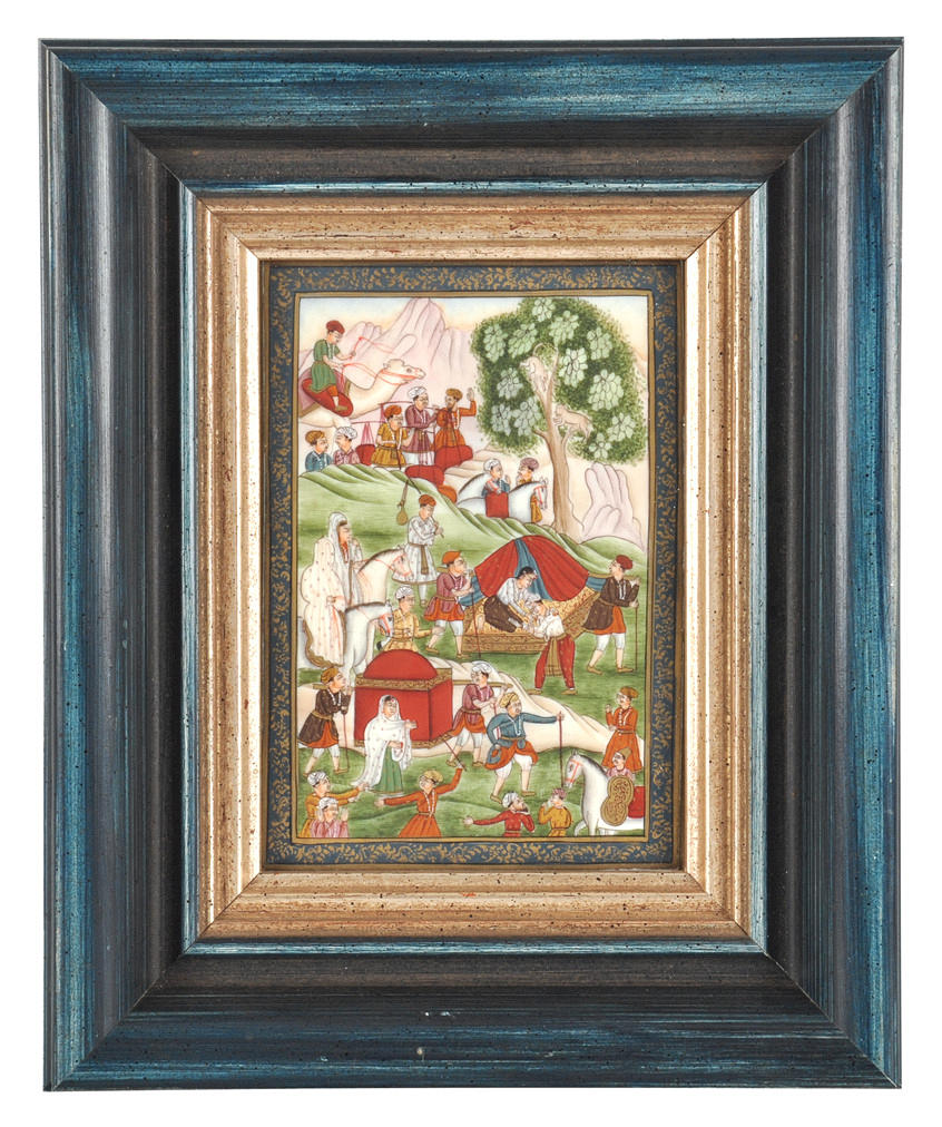 MINIATURMALEREI, WOHL PERSIEN. Rik scen med landskap och människor. Polykrom målning och guld.