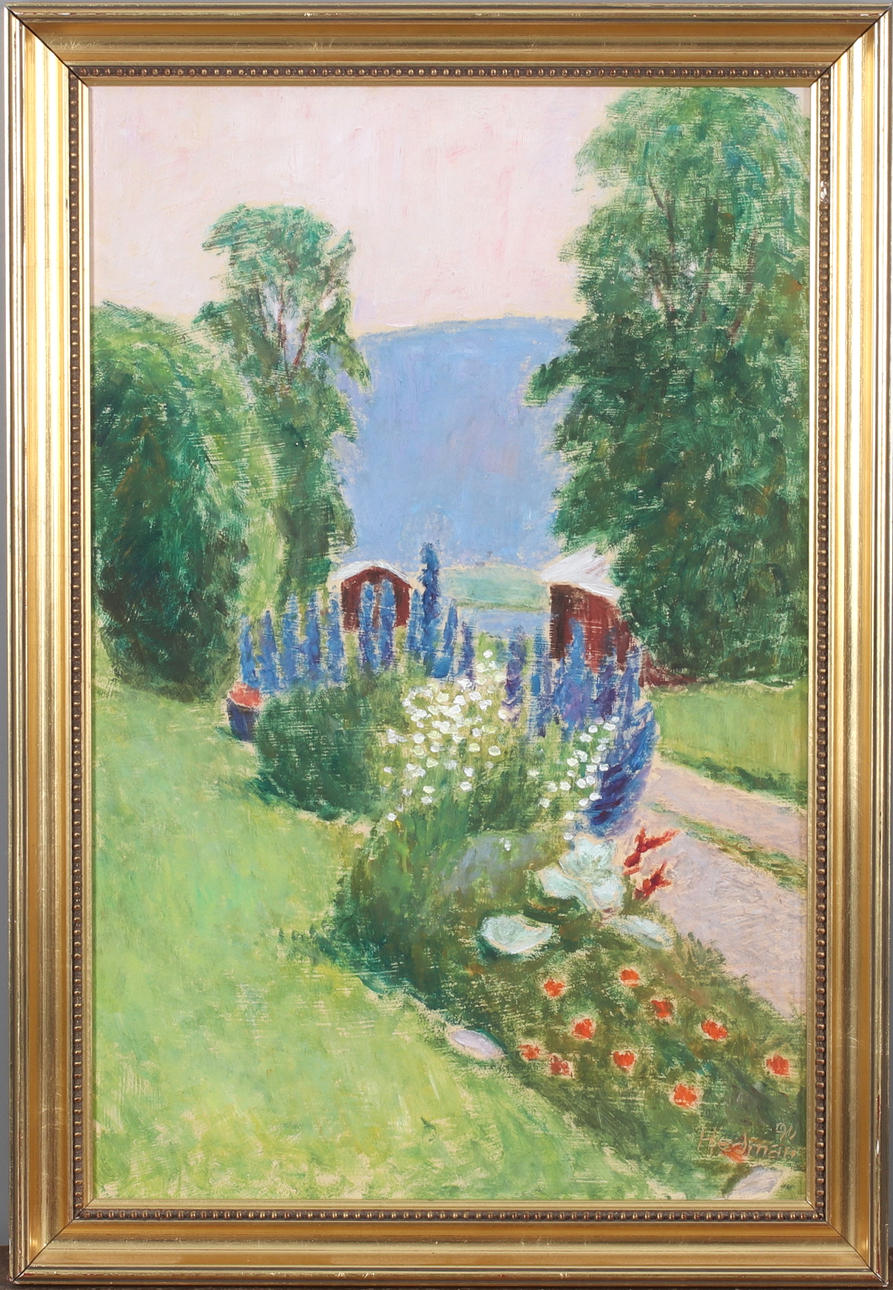 JOHN HEDMAN. Blomstrende have, olie på panel, cigenrad.