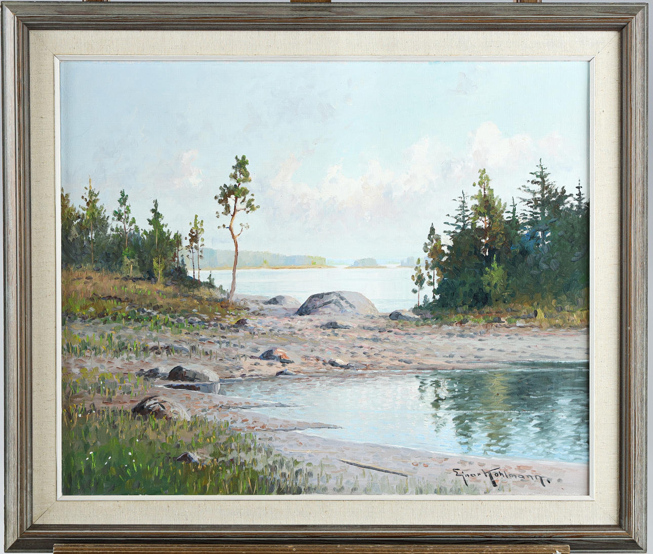 EINAR KOHLMANN (1888-1968). Oil on canvas, composition with lake, signed.