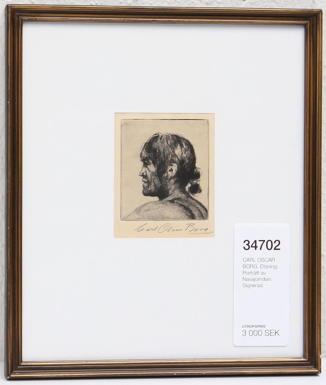 CARL OSCAR BORG. Etsning. Porträtt av Navajoindian. Signerad.