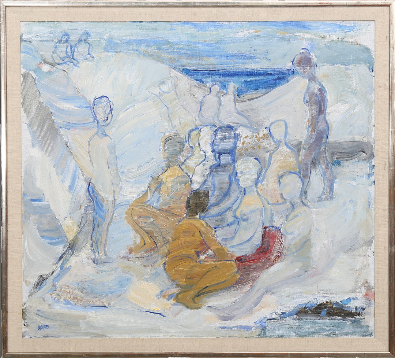 ZAGE JOHANSSON. "Röd badhandduk mot vita klippor, olja på duk, signerad Zage.