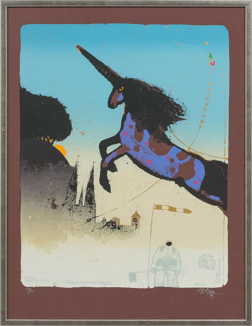 ADI HOLZER. Färglitografi, "Einhorn für Johann Sebastian", signerad, numrerad 55/70 samt daterad 79.
