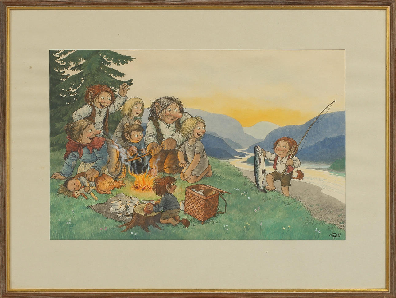 ROLF LIDBERG. Trollfamilj, akvarell, signerad.