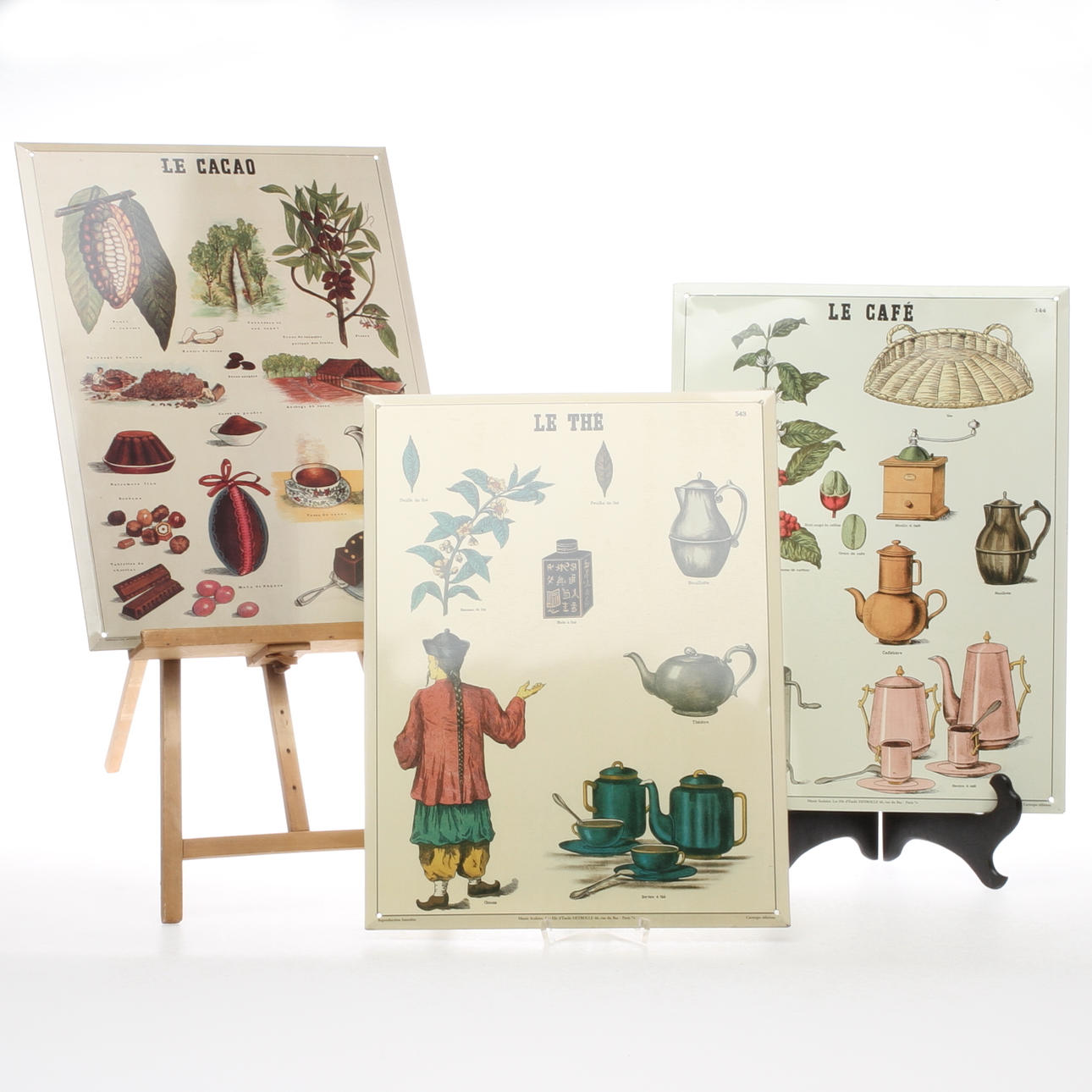 PLÅTSKYLTAR, 3 st, te, kaffe, kakao, 1900/2000-tal.