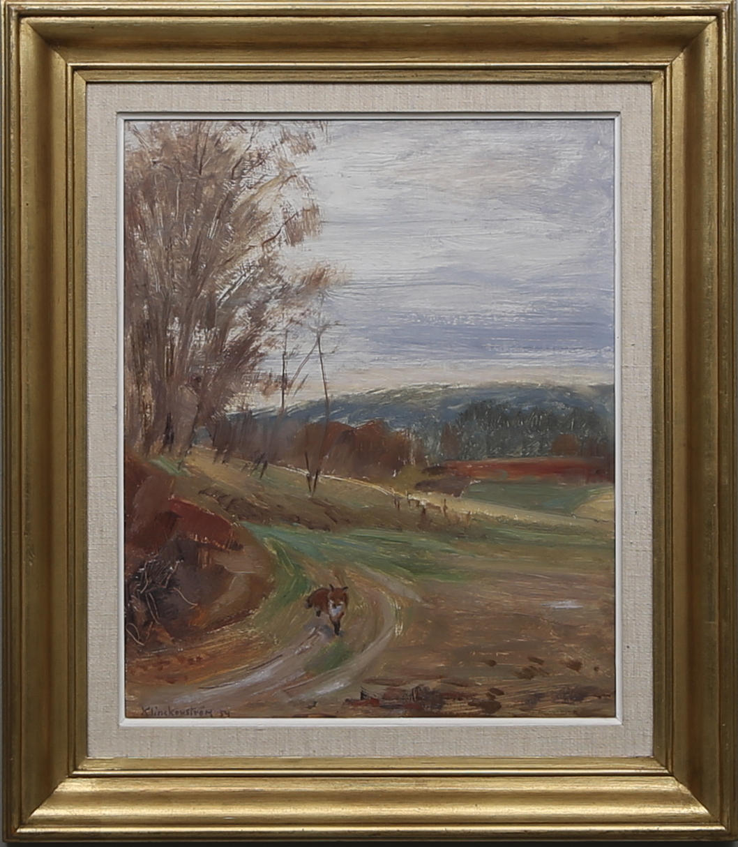 HARALD KLINKOWSTRÖM. "Vid backkanten". Olja på pannå, signerad och daterad 54.