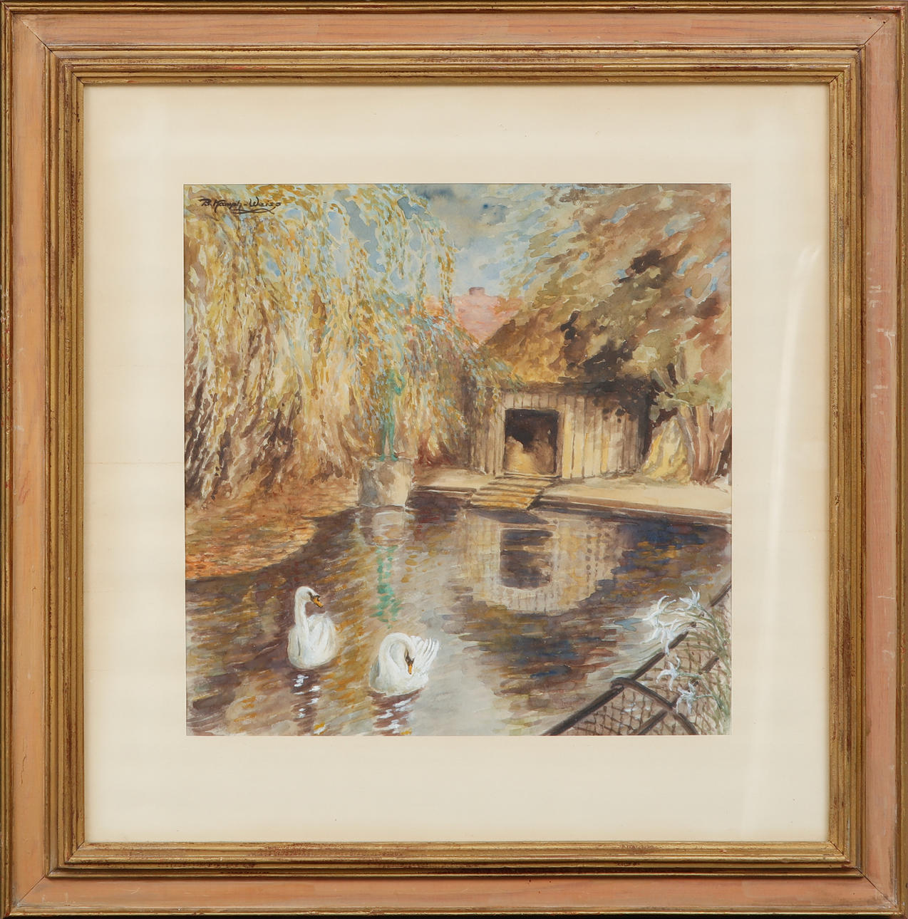 OIDENTIFIERAD KONSTNÄR. Svanar, akvarell, signerad Weiss.