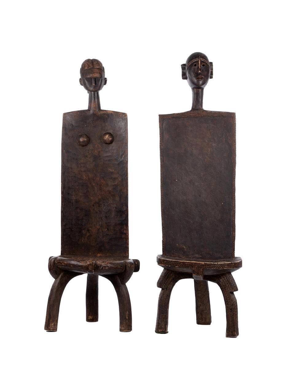 THRONSESSEL, WOHL OSTAFRIKA. STOLAR, två stycken stiliserade figural till man och kvinna.