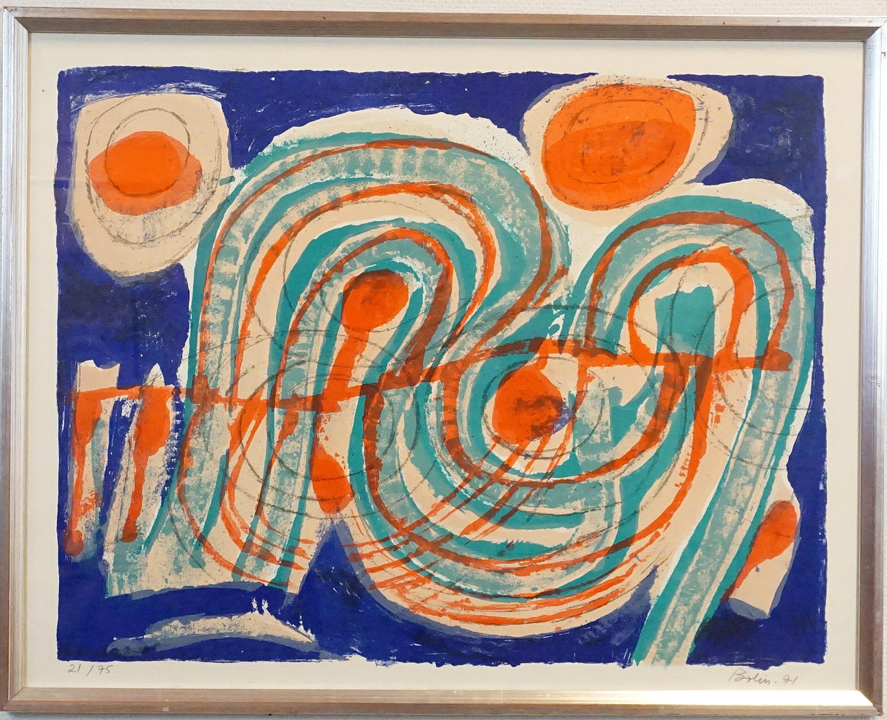 GUSTAV BOLIN (1920-1999), lithograph in colours, Composition with deep blue background, signed Bolin, dated 71, and numbered 21/75.