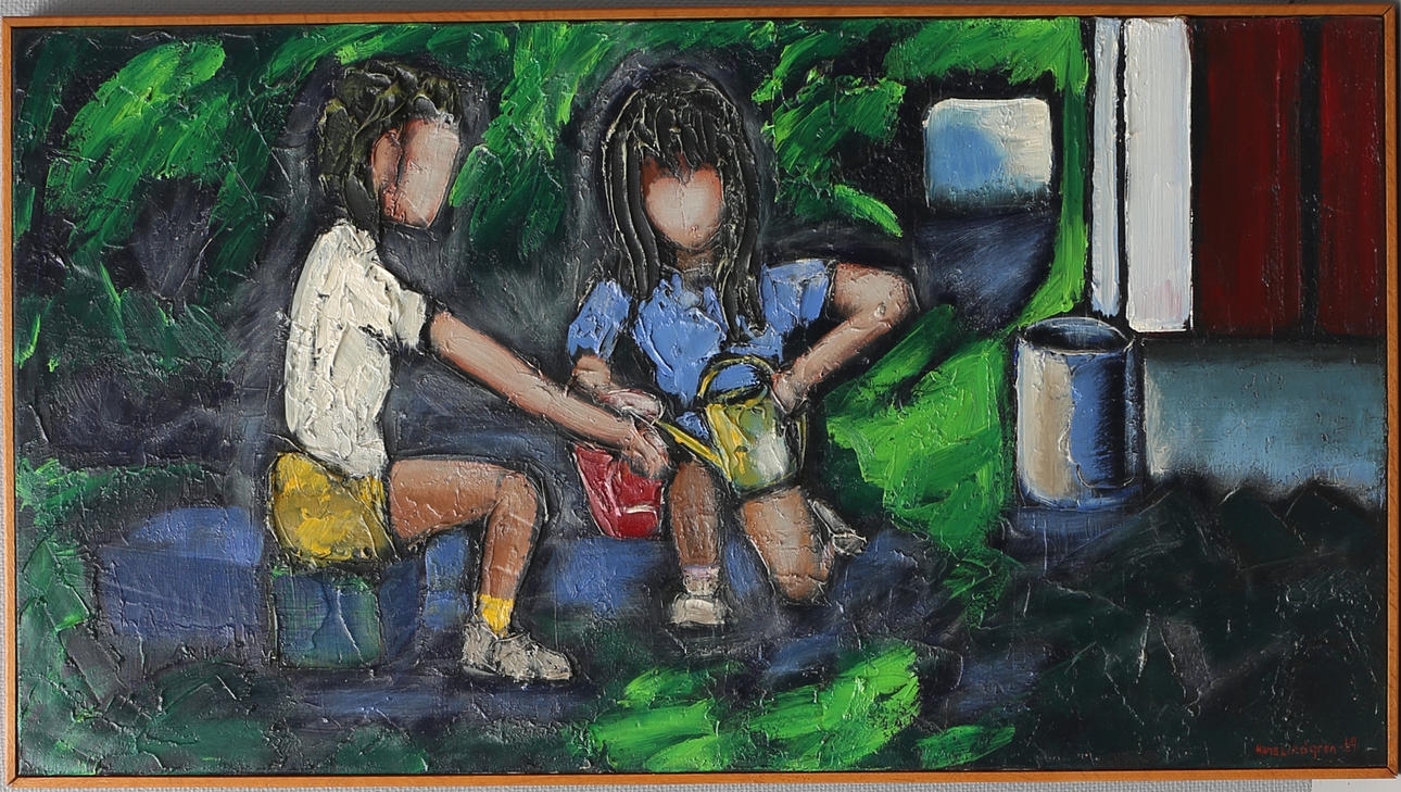 HANS LINDGREN. "Lekande barn". Akryl på duk, signerad och daterad -69.