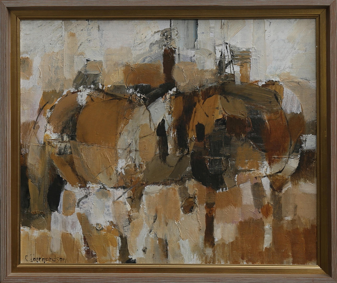 EBBE EBERHARDSSON. Abstrakt motiv av hästar, olja på pannå, signerad E Eberhardsson.