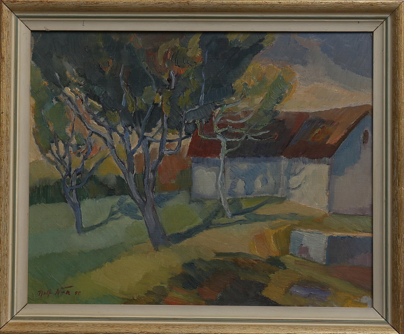 ROLF NORRMAN. Motiv av hus, olja på pannå, signerad och daterad Rolf N-n -50.