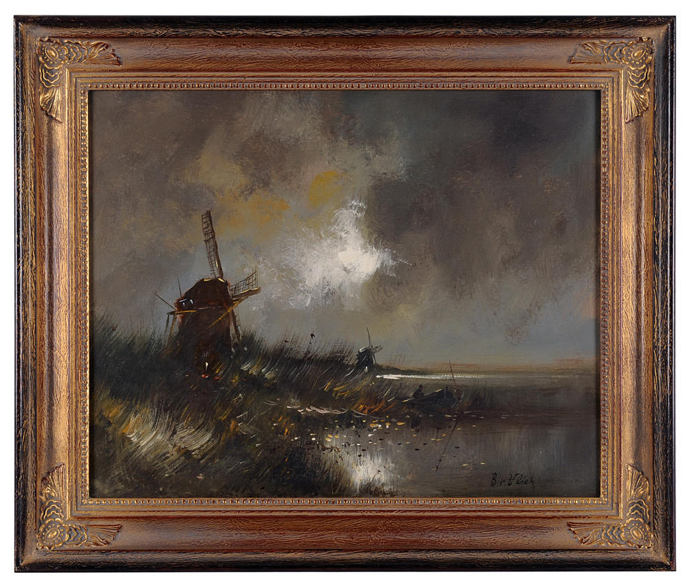 SIGNIERT B. VAN VLIET. Holländska kustlandskap med väderkvarnar.
