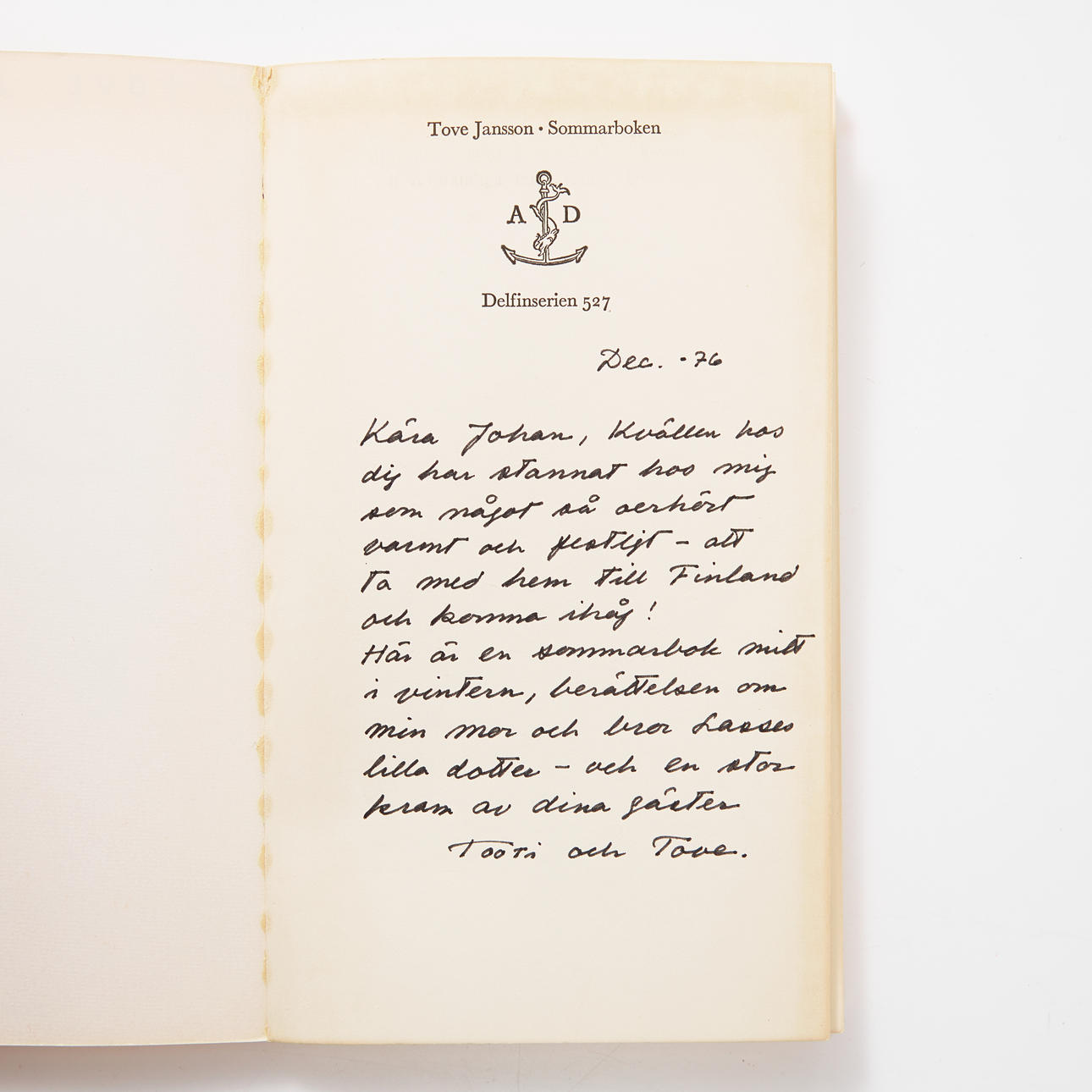 TOVE JANSSON DEDICATION, The Summer Book, Dolphinpocket, 1975.