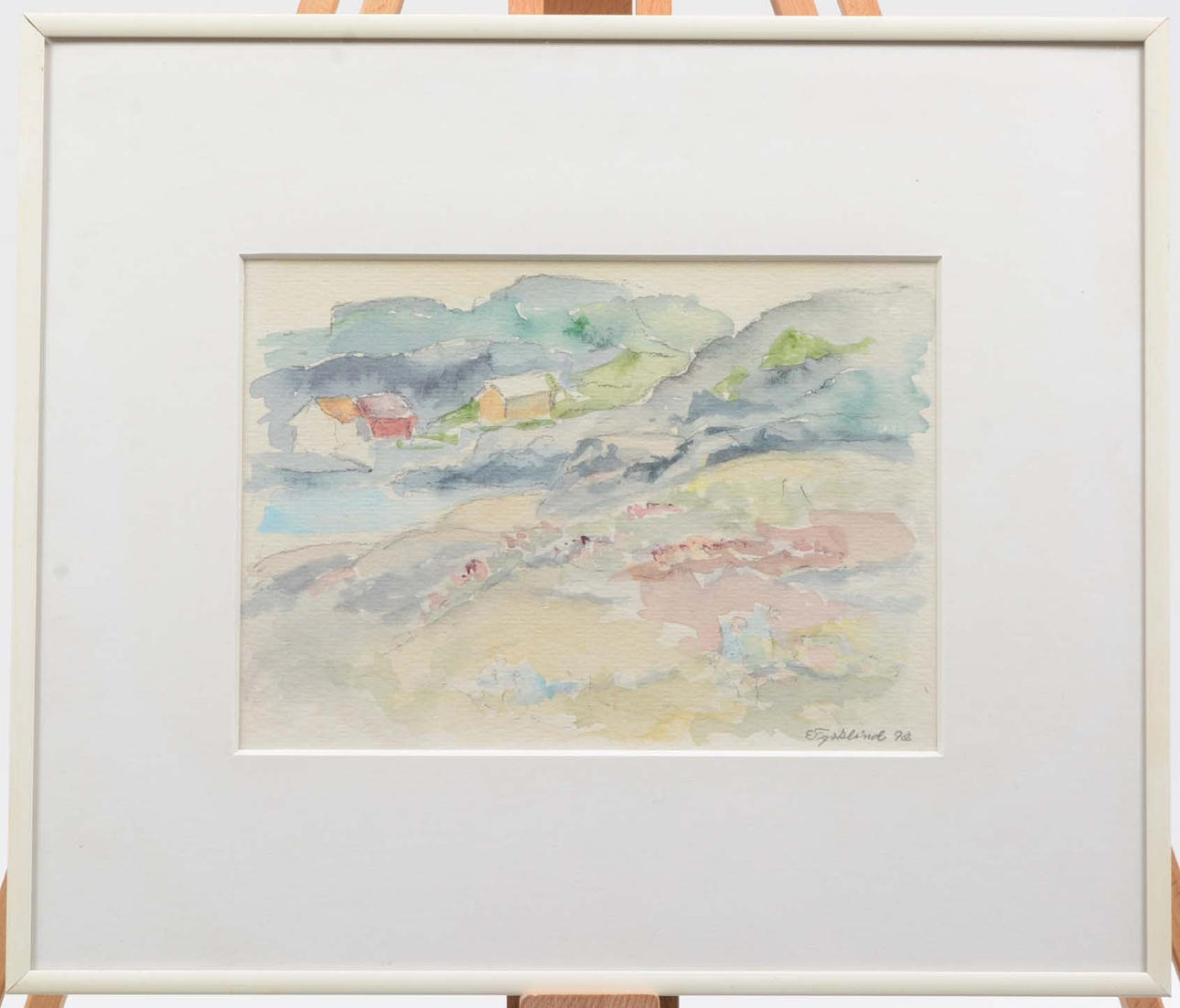 EINAR TYSKLIND. Klippen mit Bootshäusern. Aquarell.