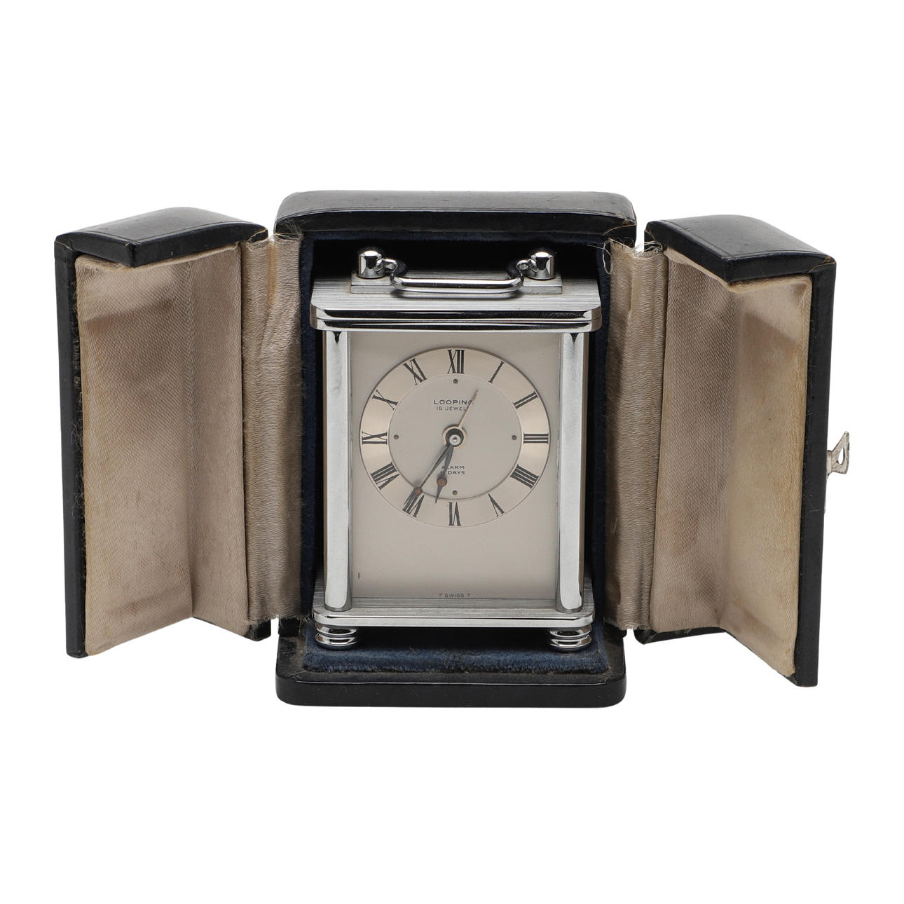 A CASED SMALL CARRIAGE CLOCK.