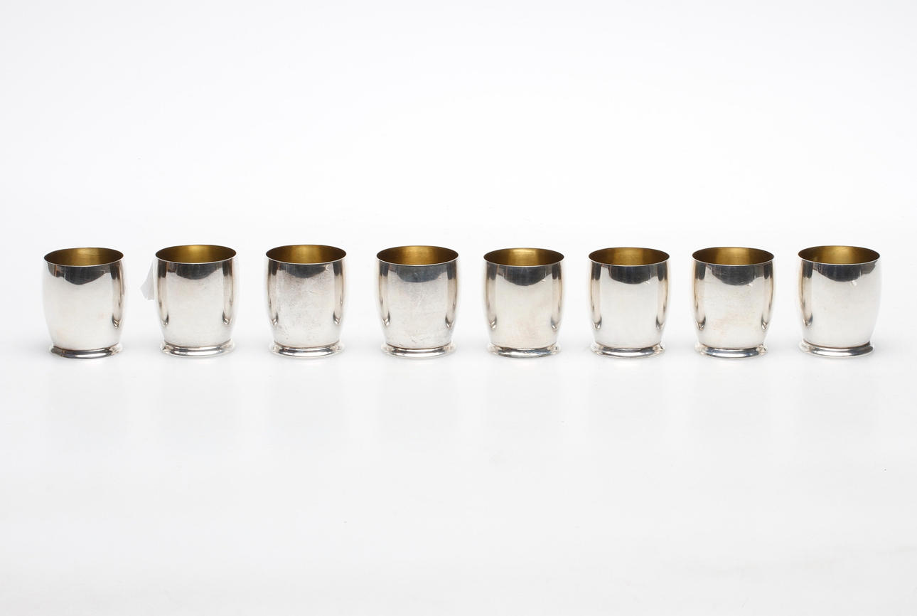 SNAPSGLAS, 8 st, silver, CG Hallberg, Stockholm 1953-1955, vikt ca. 235,3 gram.