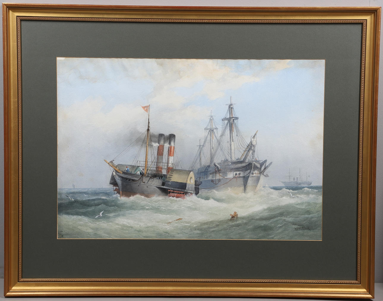 WILLIAM FREDERICK MITCHELL (1845-1914). A PADDLE TUG TOWING A FRIGATE.