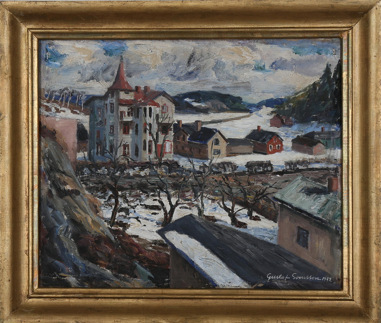 GUSTAF SVENSSON. Vinterlandskap med hus, olja på duk, signerad och daterad 1932.