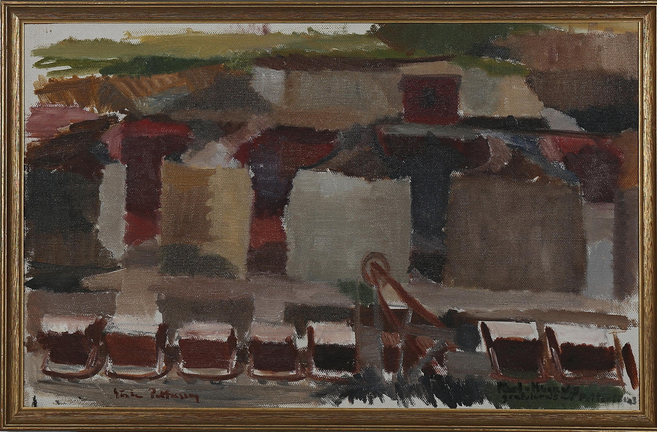 GÖSTA PETTERSSON. Järnvagnar, olja på pannå, signerad.