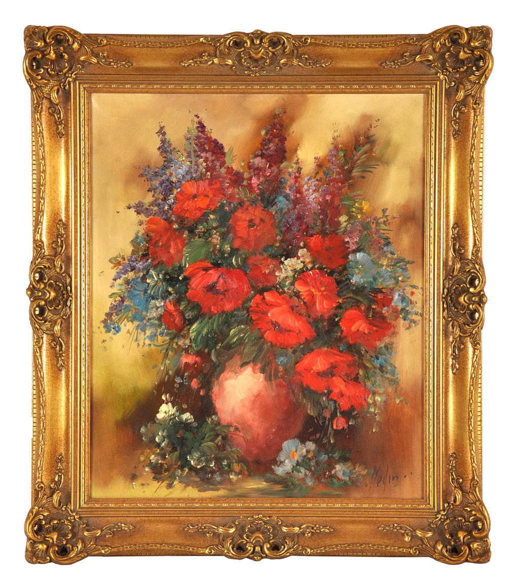 SIGNIERT NEDINA. Frodigt stilleben med röda vallmofrön. Fantastisk ram.