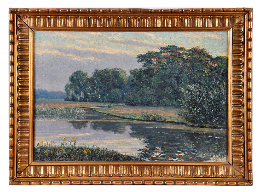 SIGNIERT F. WIEDWALD. Sjö med intilliggande skogsområde på våren.