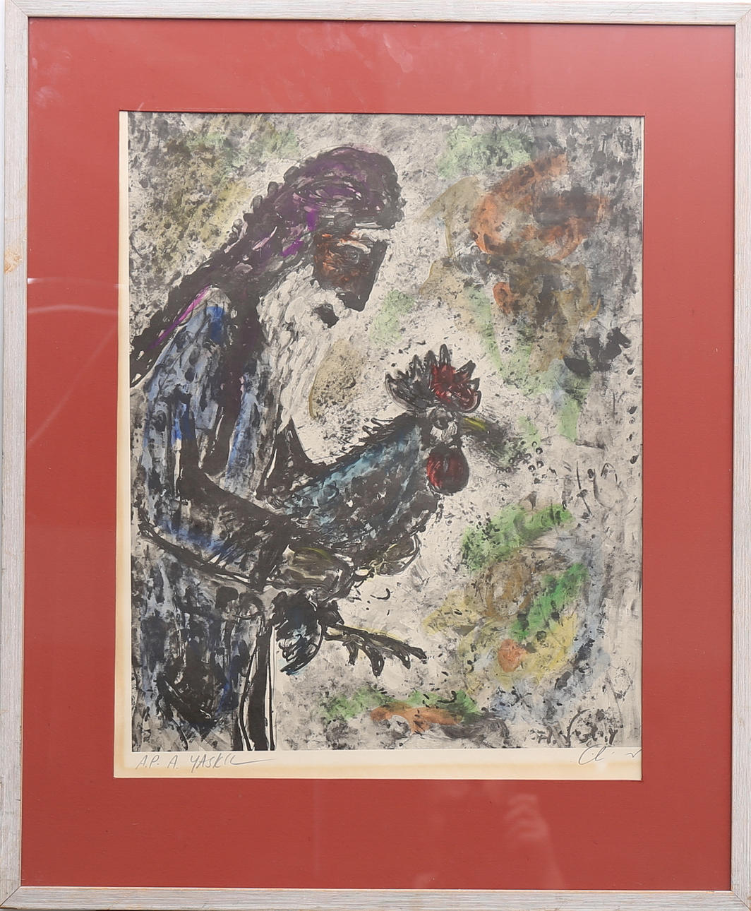 OIDENTIFIERAD KONSTNÄR. Figurkomposition med tupp. Färglitografi. Signerad.