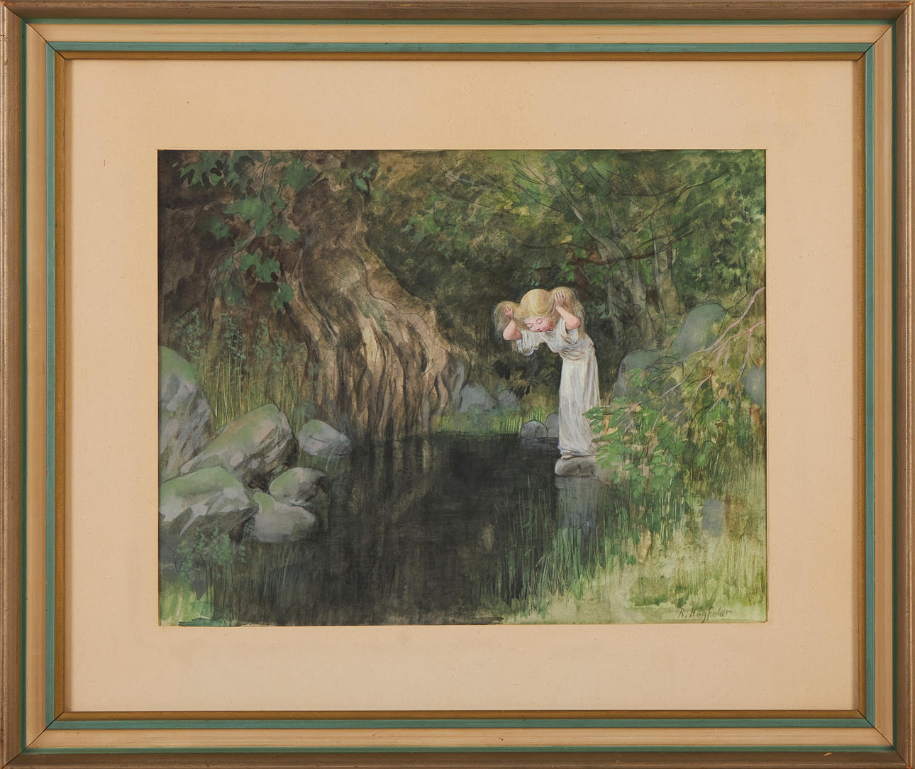 ROBERT HÖGFELDT. Mädchen am See, Aquarell, signiert.