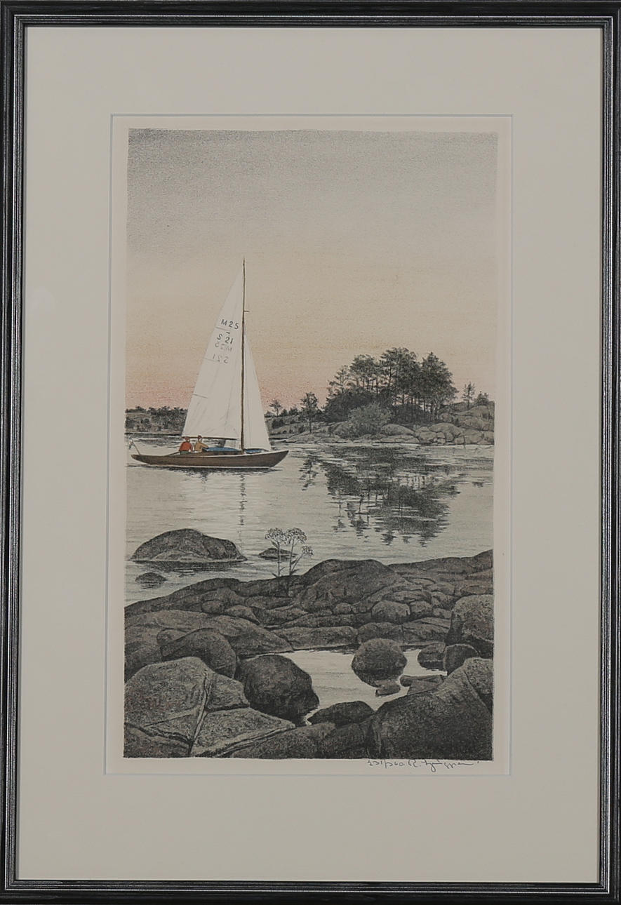 REINHOLD LJUNGGREN. Segelbåt i skärgården. Färglitografi, signerad R. Ljunggren och numrerad 231/360.